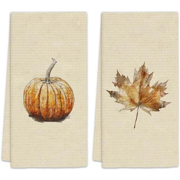 Fall Pumpkin Kitchen Towels - Set of 2, Vintage‎ Pumpkin Maple Leaves Decorative - Picture 1 of 8